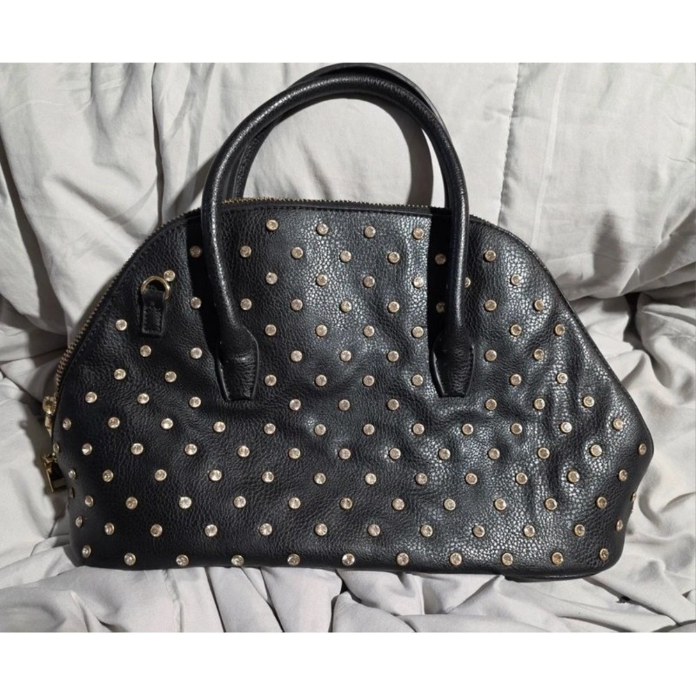 Black Pebbled Faux Leather Rhinestone Studded Dome Satchel Handbag Gold Hardware